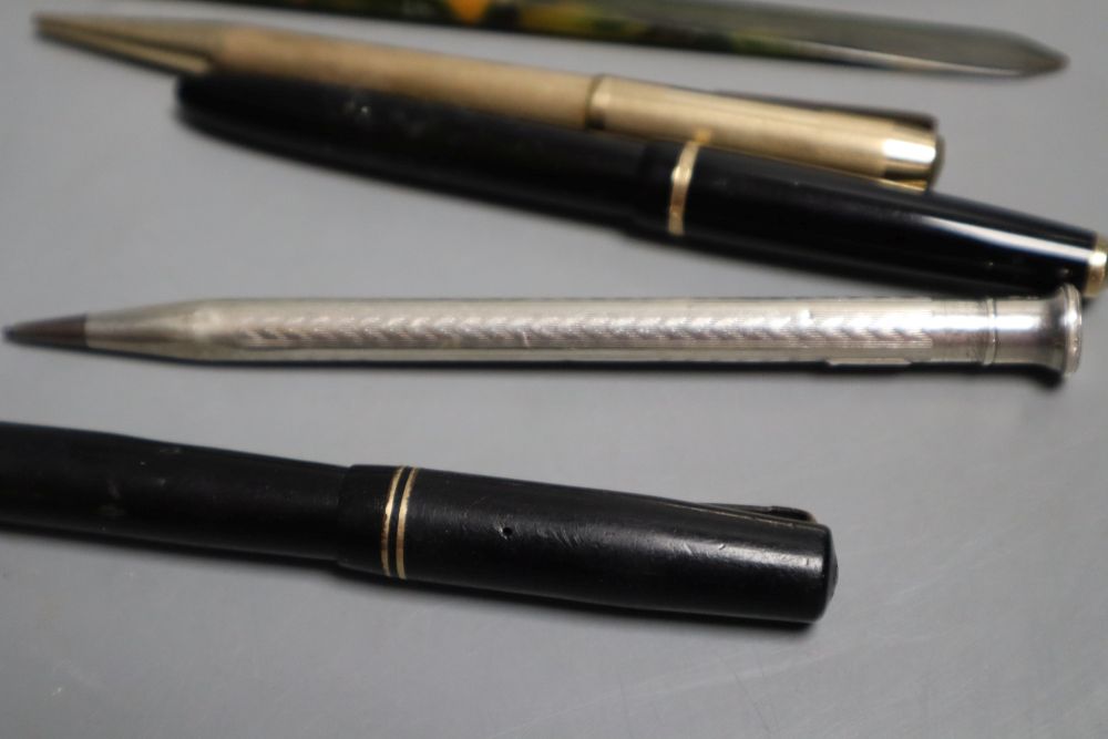Four small fountain pens including two Swan, an engine turned silver pencil and two other items